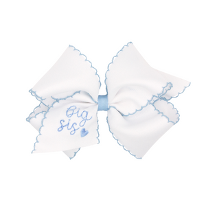 Small King Girls Hair Bow with Moonstitch Trim | Big Sis Embroidered Blue