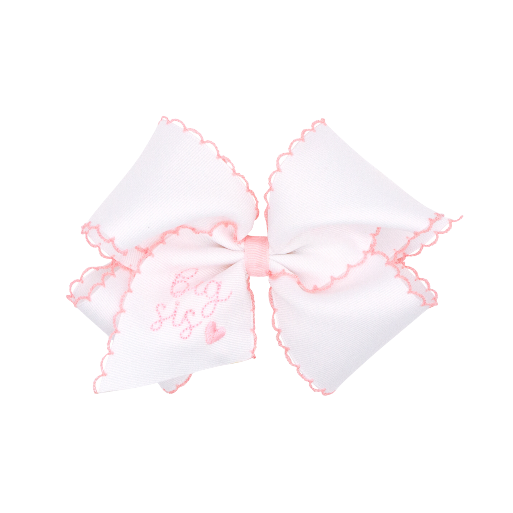Small King Girls Hair Bow with Moonstitch Trim | Big Sis Embroidered Pink