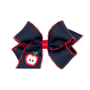 Medium Grosgrain Apple Embroidered Hair Bow with Moonstitch Edge | Navy with Red