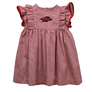 Embroidered Red Gingham Ruffle Dress | Arkansas Razorbacks