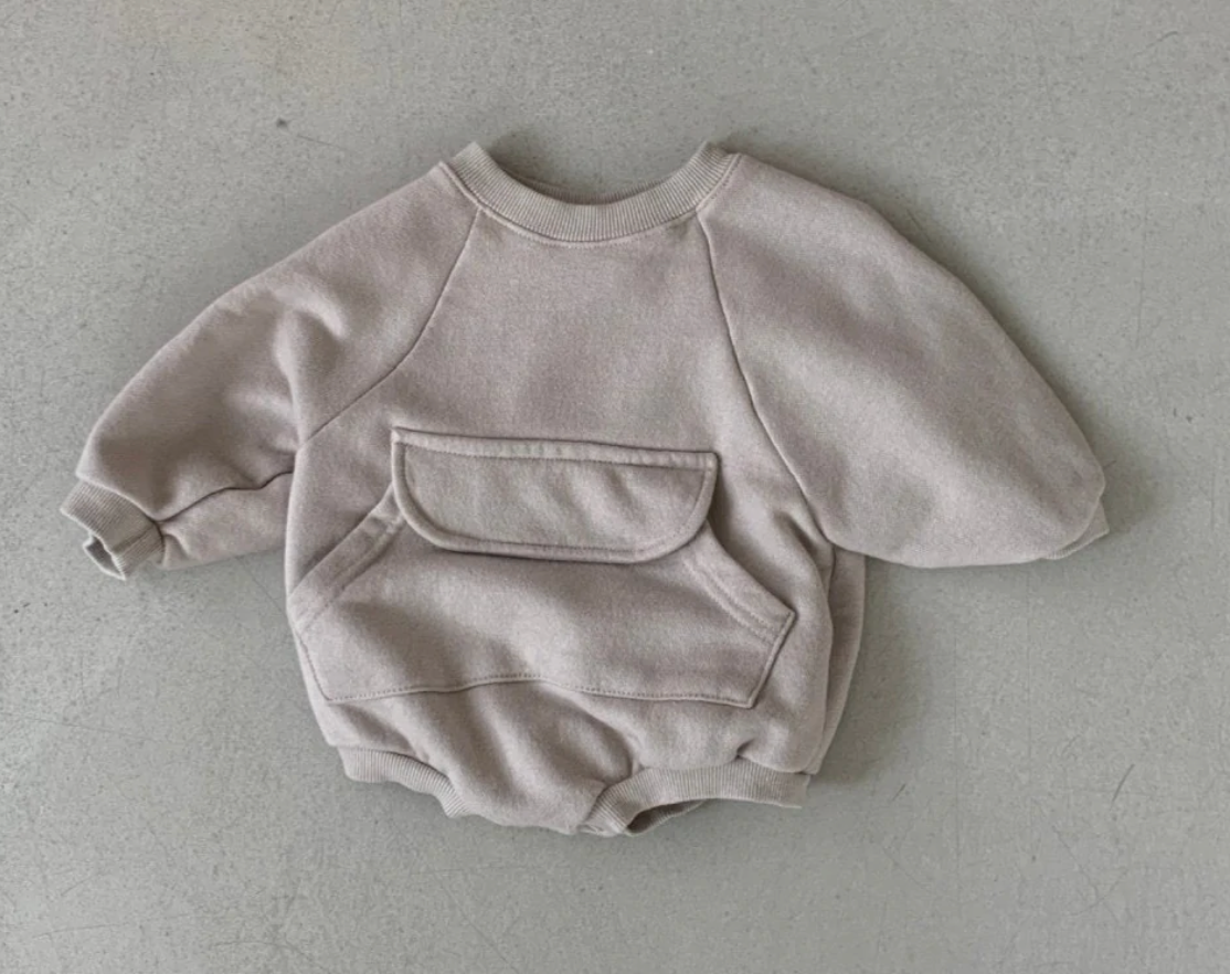 Kangaroo Pocket Sweatshirt Romper | Taupe